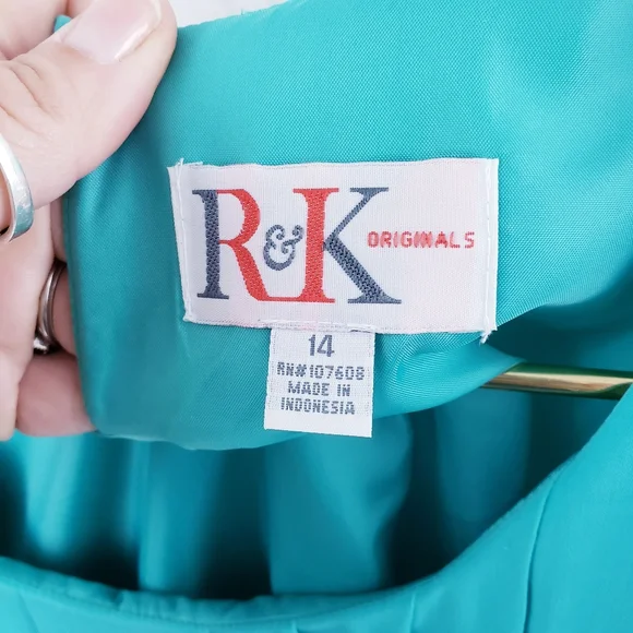 Pleated Turquoise Lime Green Colorblock Dress with Belt RK Originals Size 14 - Picture 11 of 11